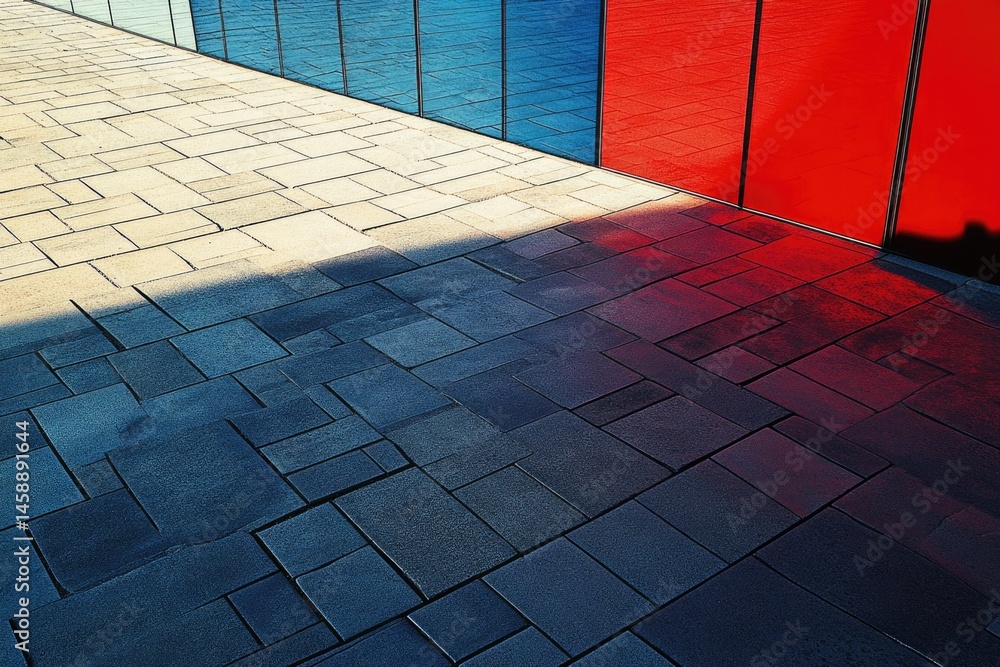 Poster sunlight casts blue and red shadows on a paved walkway, creating a vibrant geometric pattern.