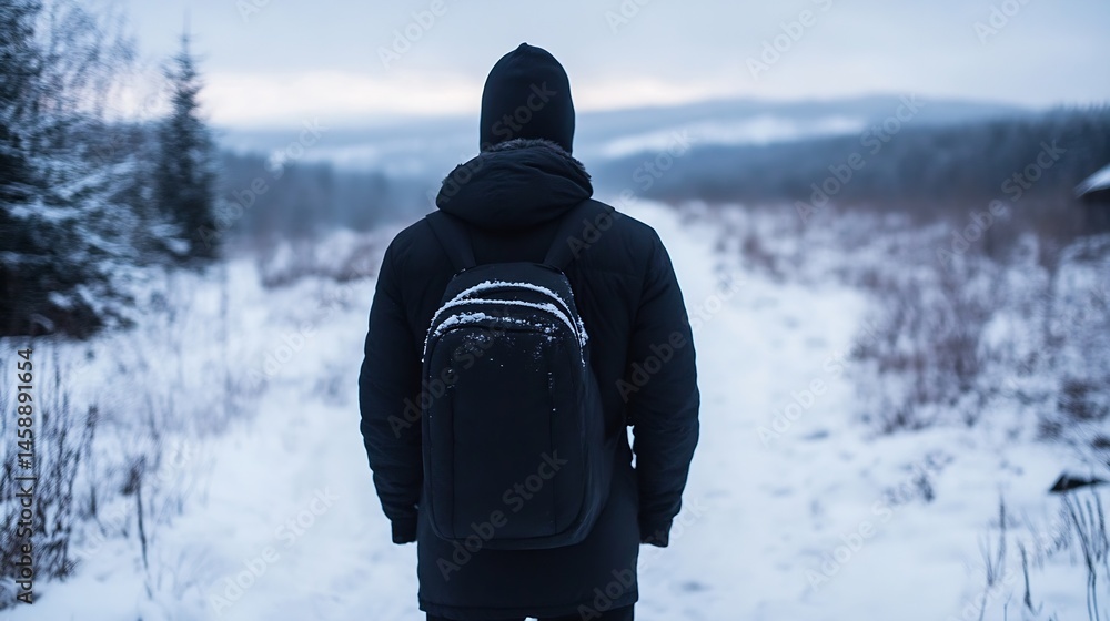 Poster a lone hiker with a backpack walks a snowy path through a winter landscape, the trees blurred in the