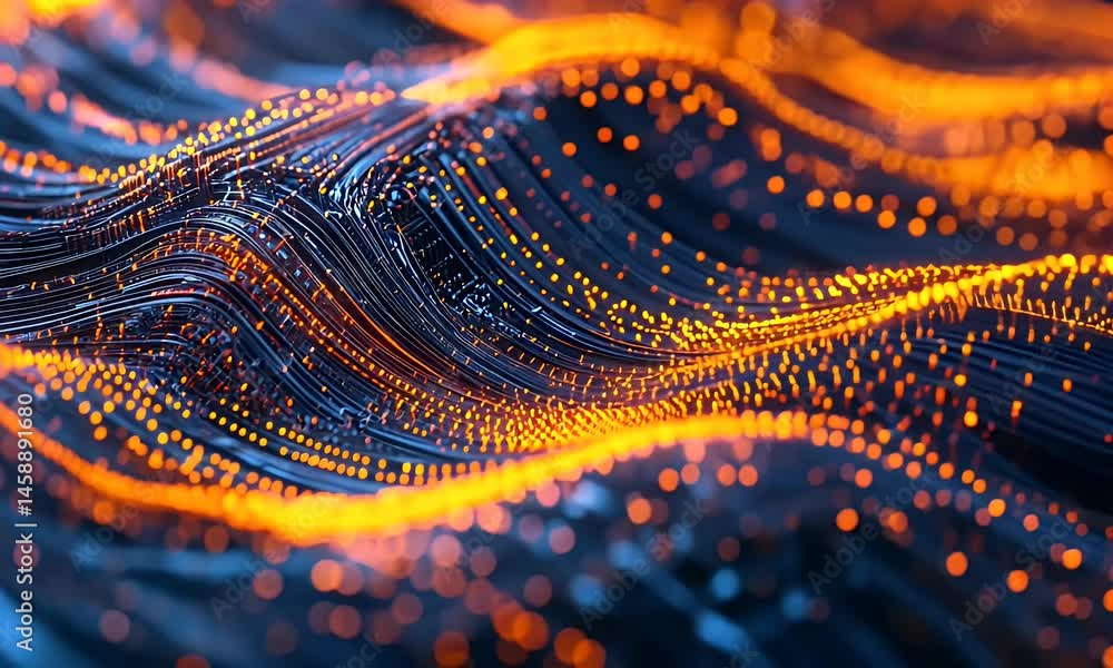 Poster a close-up of the mainframe server, surrounded by glowing orange and blue wires with data flowing be