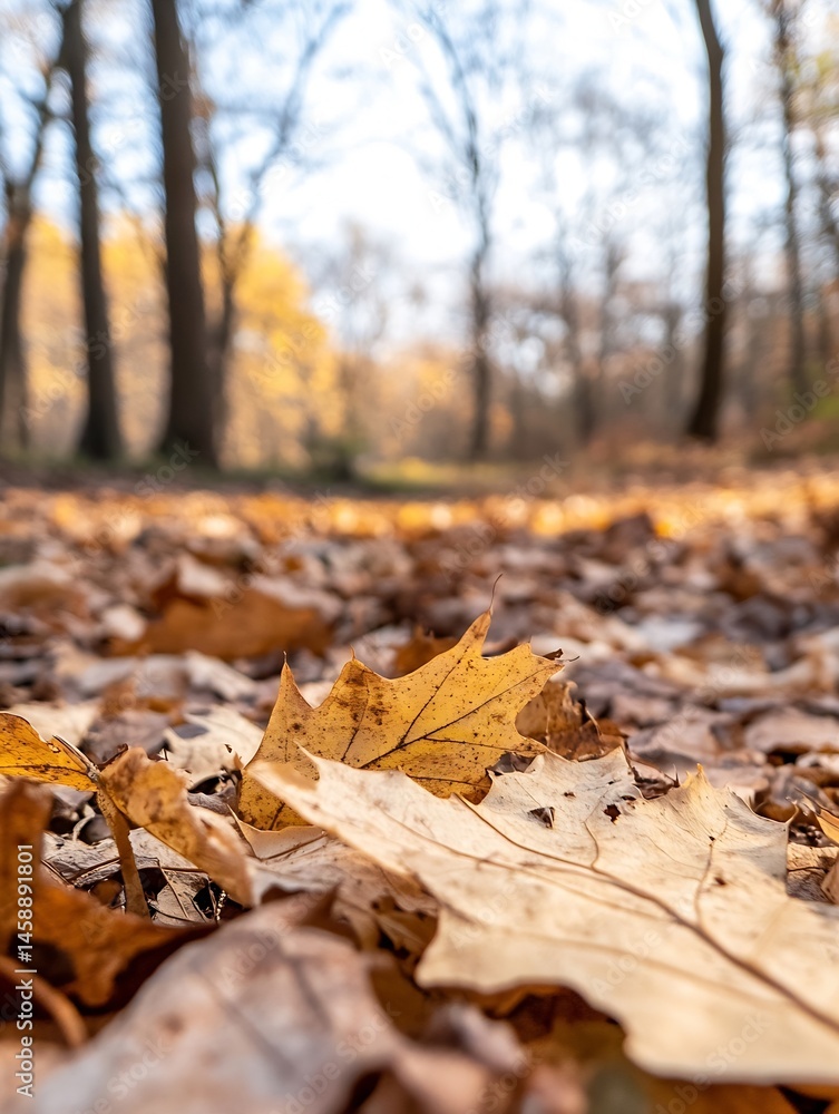 Aufkleber close-up view of a single, dried oak leaf resting on a bed of fallen autumn leaves in a sun-dappled 