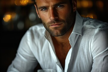 Obraz premium A handsome man with intense blue eyes and a well-groomed beard, wearing a crisp white shirt.