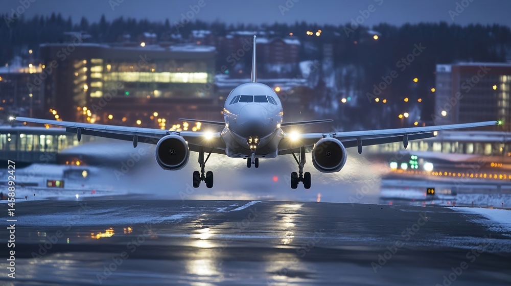Poster airplane landing at night, low angle view of a commercial jetliner touching down on a snowy runway w