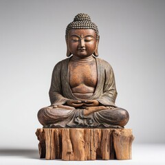 Fototapeta premium A serene buddha statue sits in meditative pose upon a weathered wooden base against a neutral background casting soft shadows on its surface.