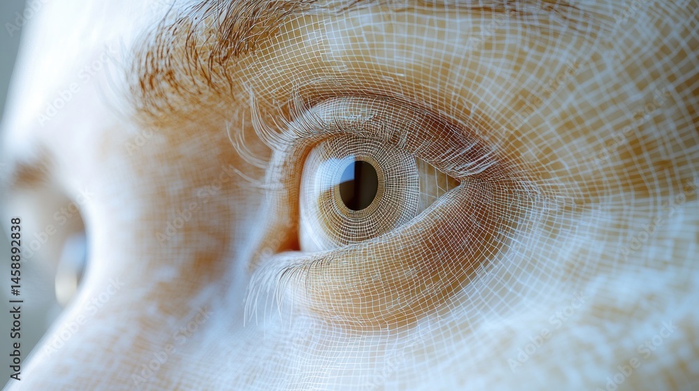 Aufkleber A stylized artistic close up of a human eye with a surreal grid pattern overlay reflecting light and depth creating an intriguing visual effect.