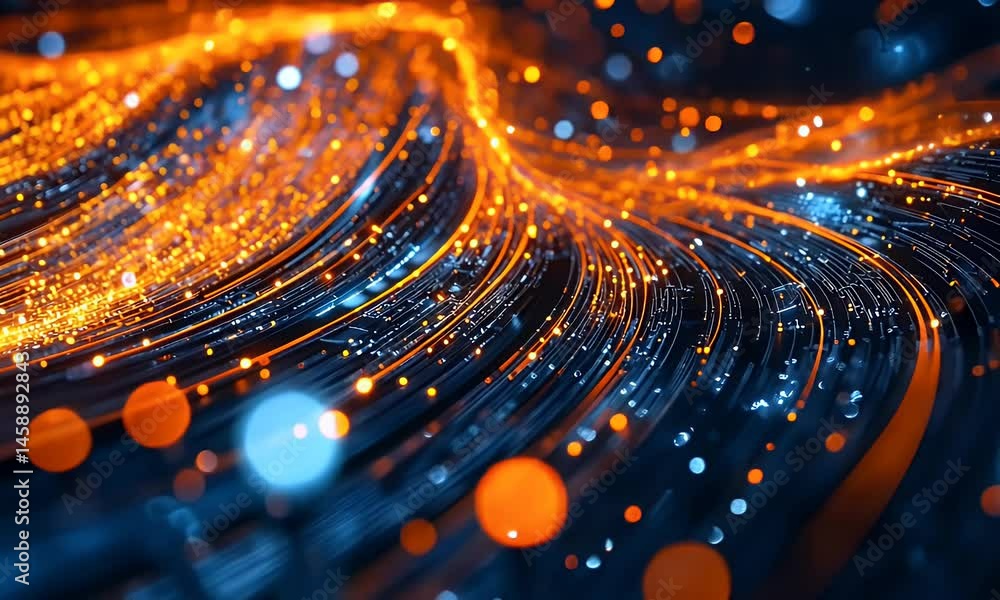 Poster a close-up of the mainframe server, surrounded by glowing orange and blue wires with data flowing be