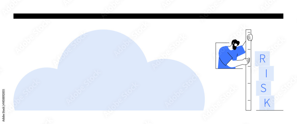 Poster person climbing a ladder, balancing blocks spelling risk, next to a large cloud. ideal for risk mana