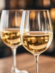 Two glasses of crisp white wine sit on a wooden table, reflecting the warm light of a nearby bar.  The image evokes a feeling of relaxed sophistication and enjoyment. : Generative AI