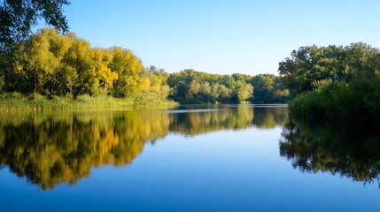 Obraz premium Serene autumnal landscape: a calm river reflects the golden and green foliage of trees lining its banks under a clear blue sky. : Generative AI