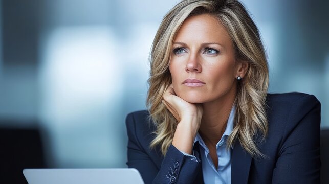 Contemplative businesswoman in modern office corporate decision-making introspective mood professional environment thoughtful perspective
