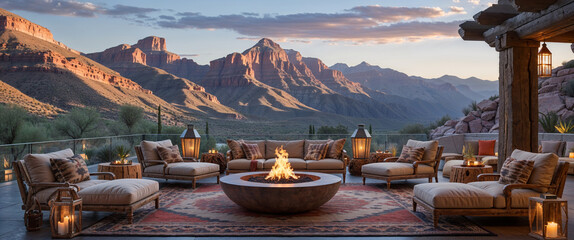 Luxurious outdoor lounge area with fire pit and mountainous sunset view