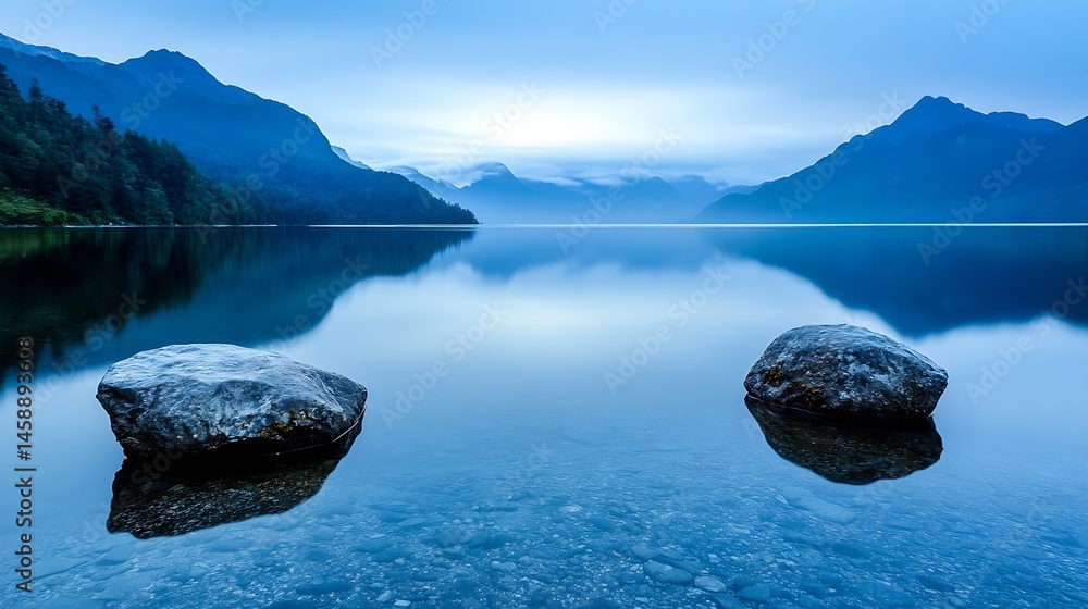 Poster serene dawn over a tranquil lake nestled between majestic mountains, two smooth rocks rest gently on