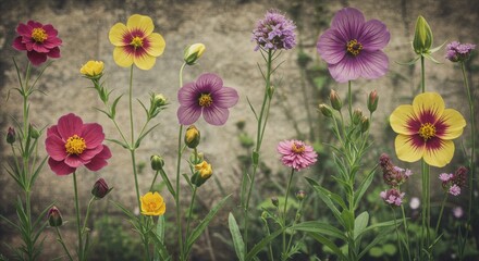 Fototapeta premium Colorful Wildflowers Against a Weathered Stone Wall