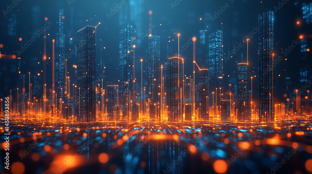 Poster abstract city skyline with glowing network connections, representing futuristic wireless technology 