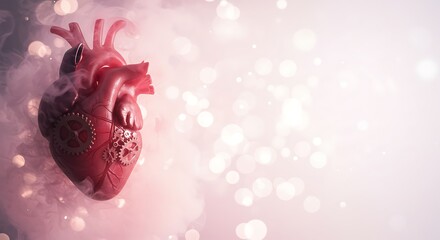 dreamy bokeh background of soft pastel lights, surreal heart with visible gears in thick smoke, subject on left with cheery lemon tones under bright light, clear copy space on right