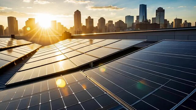 Rooftop Solar Panels in City Skyline with Sunset Reflections and Clean Energy
