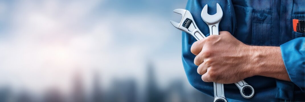 Close-up of a mechanic's hands holding two wrenches, against a blurred cityscape background, conveying expertise and readiness for repair work.