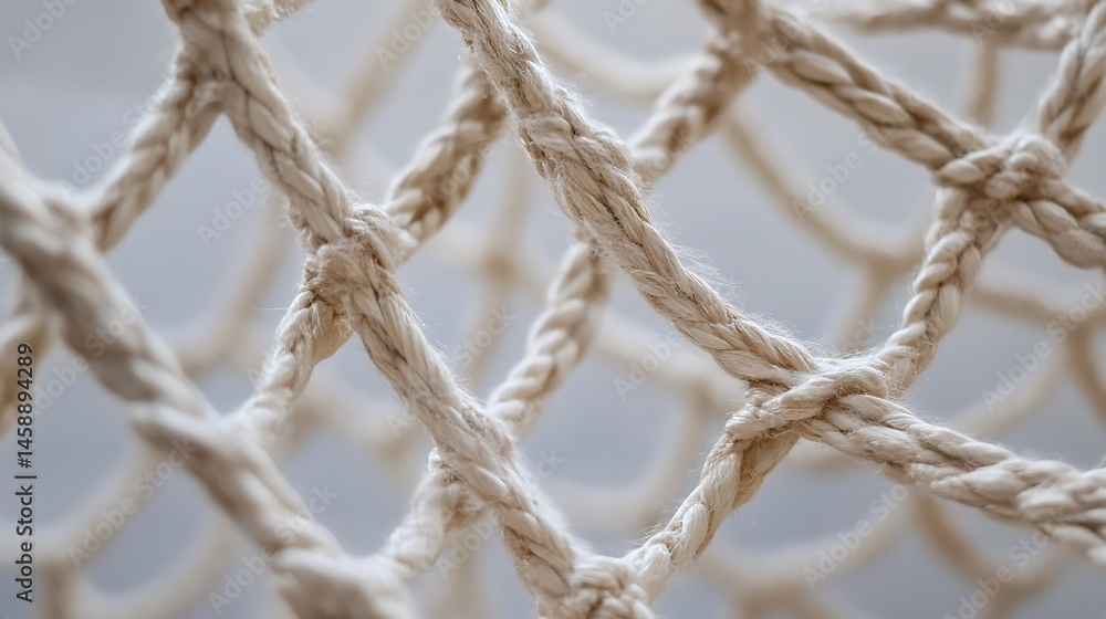 Poster Close-up view of a tightly woven, off-white rope net, showcasing intricate knotting and texture details. The soft, natural fibers create a complex pattern of interwoven strands. : Generative AI