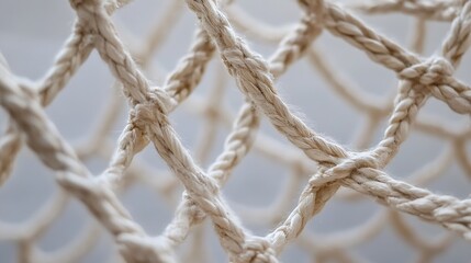 Close-up view of a tightly woven, off-white rope net, showcasing intricate knotting and texture details. The soft, natural fibers create a complex pattern of interwoven strands. : Generative AI