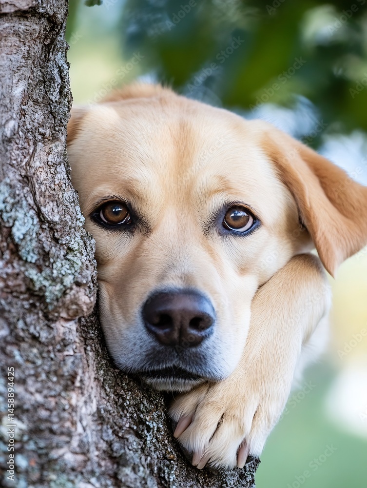 Poster a sweet, pale yellow labrador retriever puppy rests its head and paws on a tree trunk, gazing pensiv
