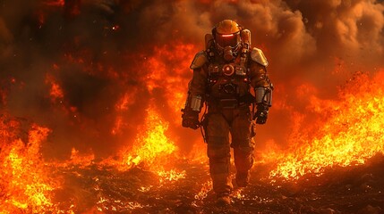 Fototapeta premium Firefighter in protective suit walking through inferno.