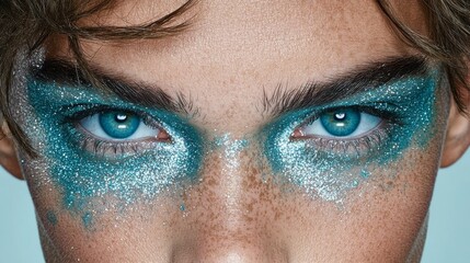 Fototapeta premium Dramatic close-up portrait of a model with glittery eye makeup studio setting fashion photography vibrant colors