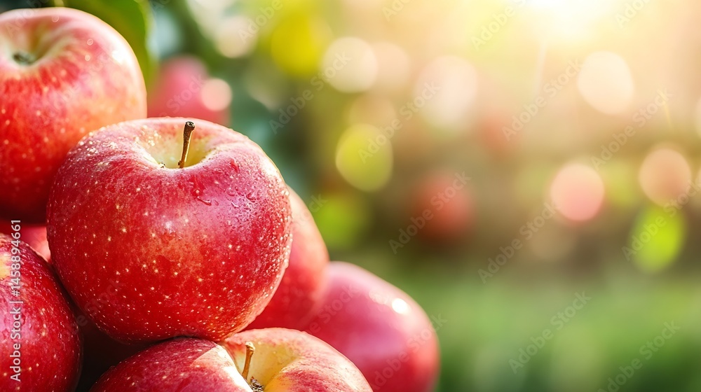 Poster close-up of several ripe, red apples glistening with dew, stacked on top of each other against a sof