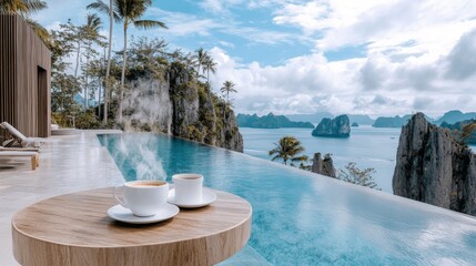 Obraz premium Relaxing morning coffee by infinity pool tropical paradise lifestyle photography serene environment scenic view tranquility