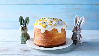 easter cake with sugar icing, decorative eggs and ceramic bunnies on rustic blue wood background ideal for web design, branding, and seasonal print media

