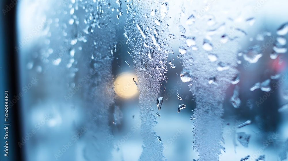 Poster close-up view of condensation on a windowpane, showing water droplets and frost patterns against a b