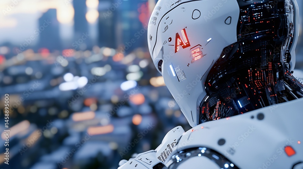 Poster futuristic robot overlooking a vibrant cityscape at sunset, showcasing intricate mechanical details 