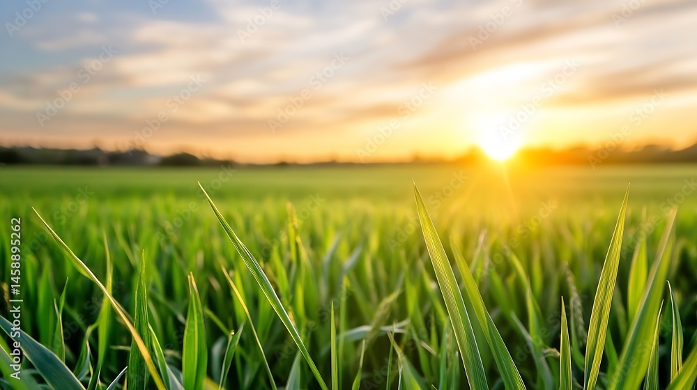 Aufkleber Close-up view of vibrant green grass blades illuminated by the warm golden light of a setting sun, creating a tranquil and peaceful scene in a vast field. : Generative AI