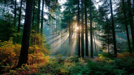 Fototapeta premium Lush green forest with sunlight streaming through tall trees 