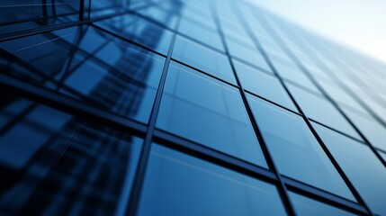 Abstract close-up of a modern building's blue glass facade, showcasing the geometric pattern of windows and metallic frames reflecting light. : Generative AI