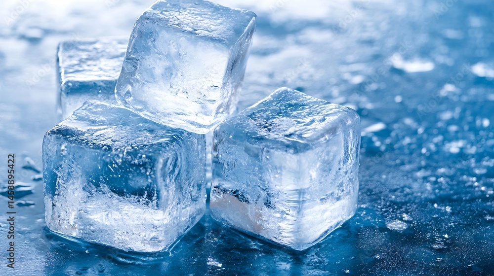 Poster Close-up of four translucent ice cubes resting on a cool, blue surface, glistening with moisture, creating a refreshing and pristine image. : Generative AI