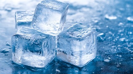 Obraz premium Close-up of four translucent ice cubes resting on a cool, blue surface, glistening with moisture, creating a refreshing and pristine image. : Generative AI