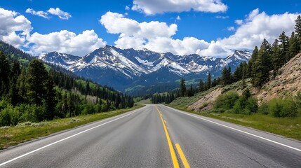 Naklejka premium Scenic mountain highway journey through a lush green valley, with snow-capped peaks under a vibrant blue sky dotted with fluffy clouds. : Generative AI