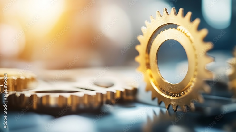 Poster Close-up of golden gears intermeshing, showcasing intricate details and mechanical precision.  The shallow depth of field emphasizes the central gear, creating a dynamic visual. : Generative AI