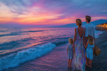 Fototapeta premium Family of four watches a vibrant sunset over the ocean, standing on a pebble beach. The parents hold hands with their two young daughters, enjoying the colorful twilight sky.