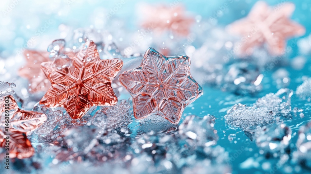 Poster close up of transparent crystal snowflakes and icy droplets on a shiny blue surface creating a magic