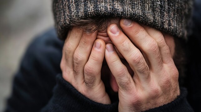 Close-up of a man's hands covering his face, conveying feelings of despair, sadness, and hopelessness.  He's wearing a dark sweater and a knitted hat. : Generative AI