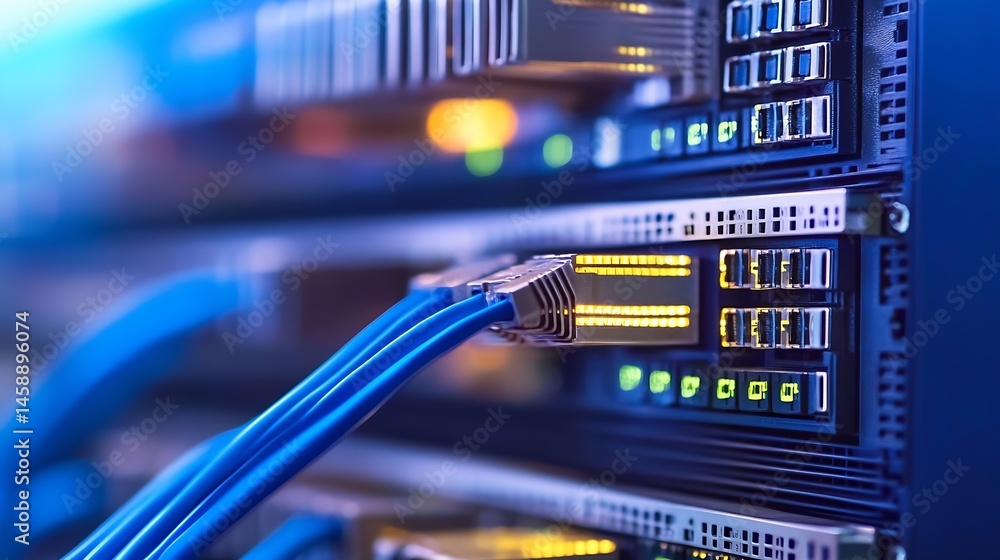 Poster Close-up view of fiber optic cables connecting to a network switch in a server rack, showcasing data transfer technology. : Generative AI