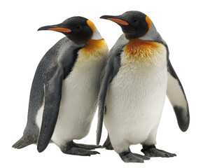 Naklejka premium Two penguins standing close together, showcasing their distinctive black and white feathers with orange accents. This charming duo exudes sense of companionship and warmth, perfect for any nature