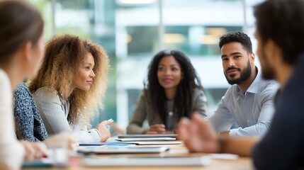Diverse group of young professionals engaged in a collaborative meeting, attentively listening and discussing ideas around a table in a modern office setting. : Generative AI