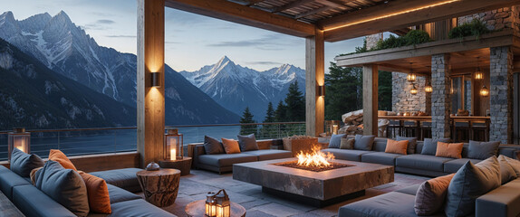Luxurious outdoor patio featuring fireplace mountain views and evening ambiance