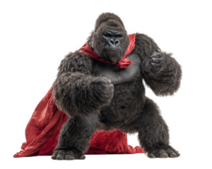Powerful gorilla wearing vibrant red superhero cape strikes heroic pose, showcasing strength and determination. This majestic creature embodies bravery and confidence, ready to take any challenge