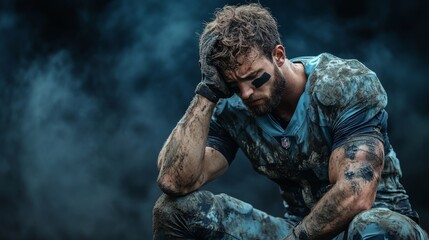 Defeated athlete reflecting on loss sports field emotional portrait gloomy atmosphere close-up view struggle and resilience