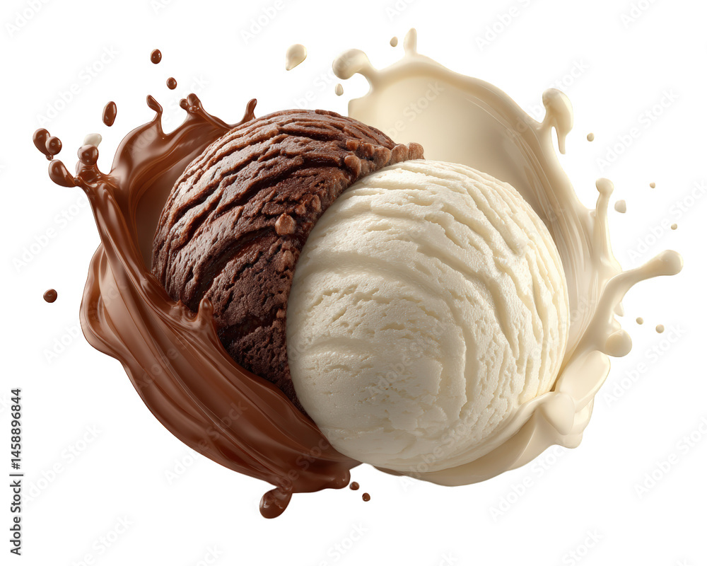 Poster creamy chocolate and vanilla ice cream splashing together in delightful swirl, creating visually app