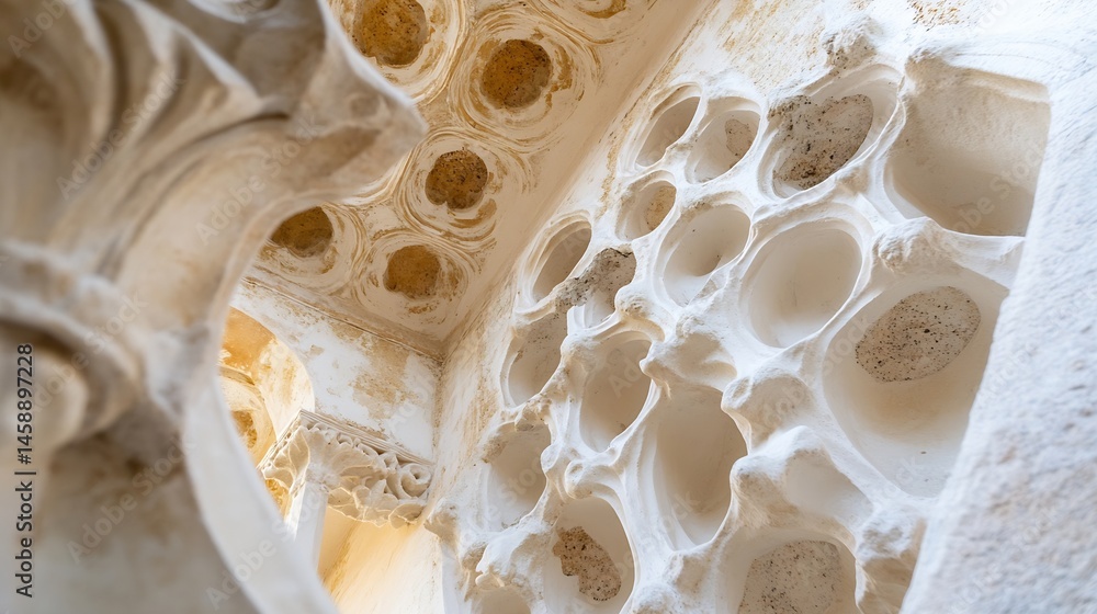 Aufkleber intricate stone carving detail, showcasing a weathered, off-white column and a wall with numerous re