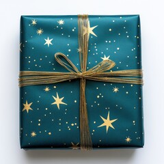 Teal Gift Box with Gold Stars and Ribbon on White Background