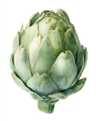 Obraz premium A detailed watercolor painting of a single artichoke, showcasing its intricate green leaves and textured surface against a clean white background.